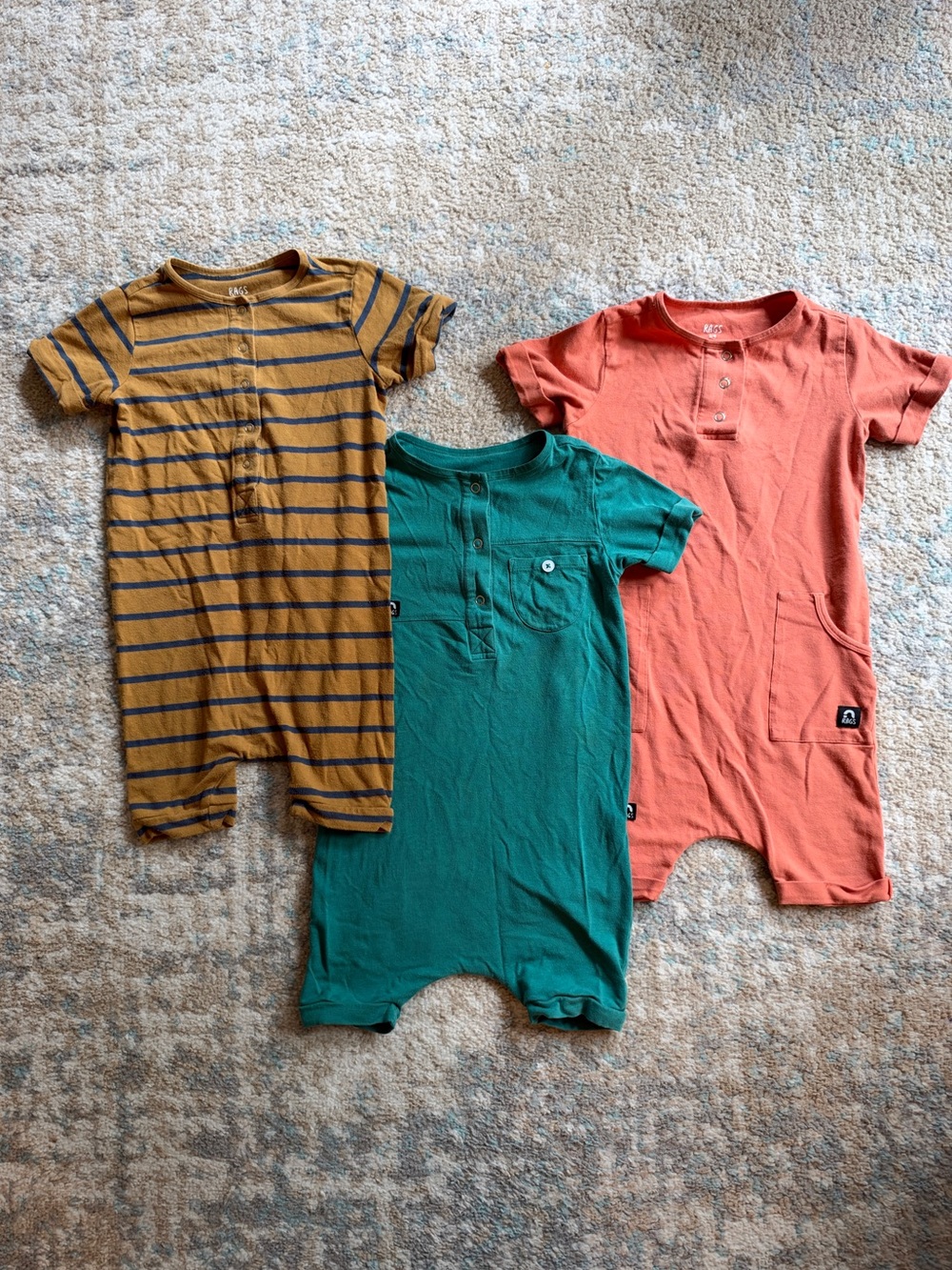 Rags to Raches Three-Pack Kids One-Piece Rompers — Mustard Stripe, Teal, Orange